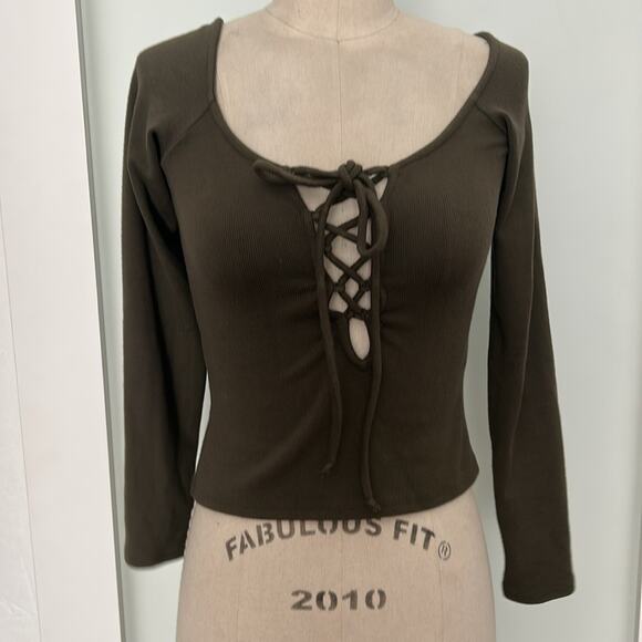 Rachel Pally Olive green ribbed lace up long sleeve top S - Picture 1 of 9